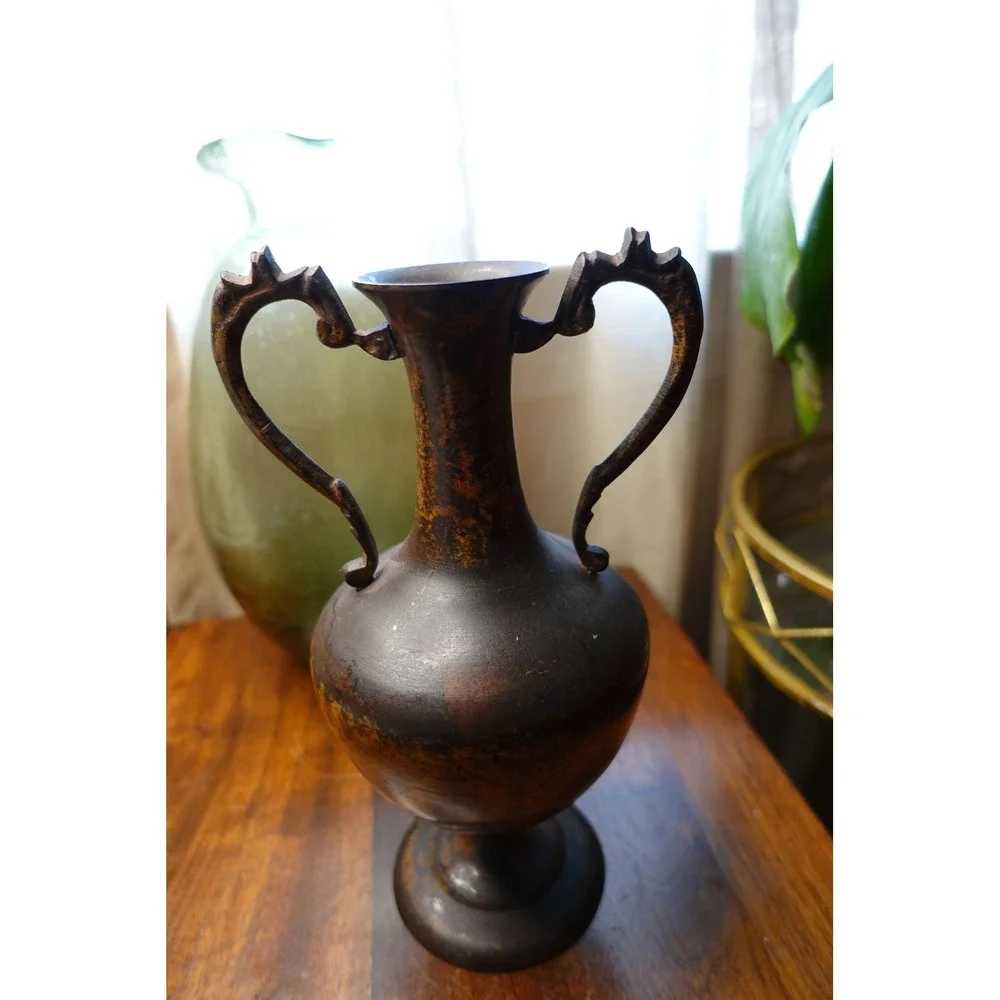 Vintage Metal Amphora Vase  Ornate Scroll Handles‎ Made in India
